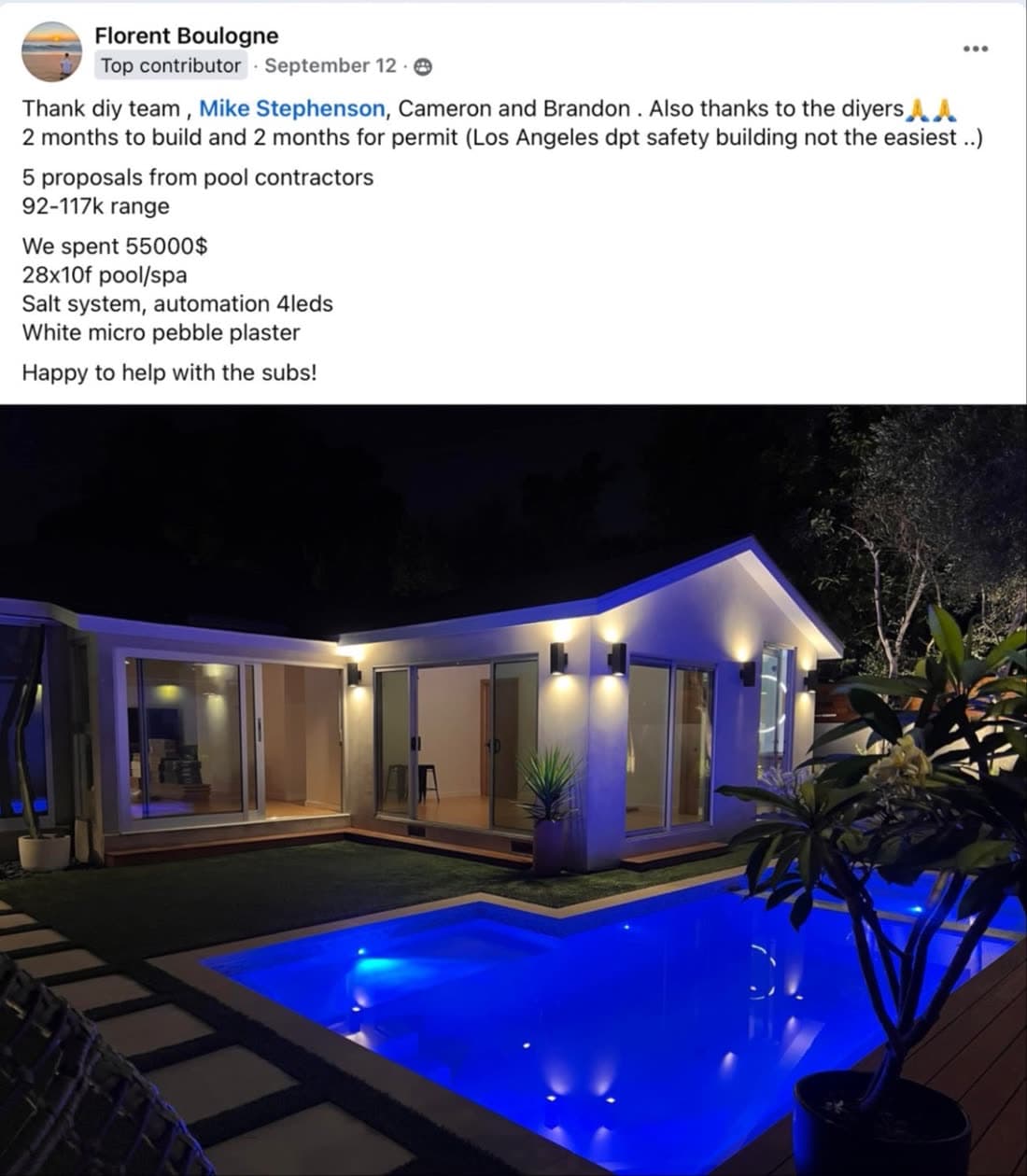 Florent Boulogne's post with photos of their finished pool
