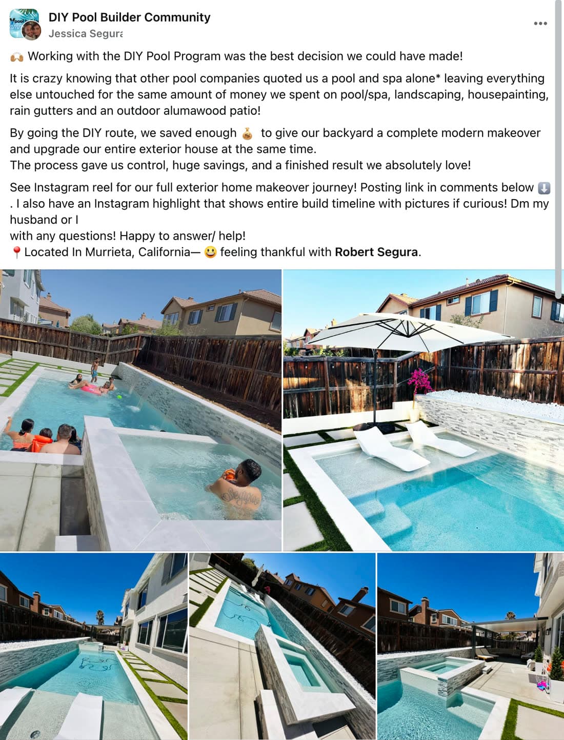 Jessica Segure's post with photos of their finished pool