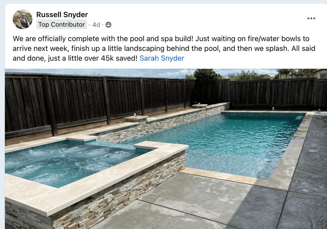 Russell Snyder's post with photos of their finished pool