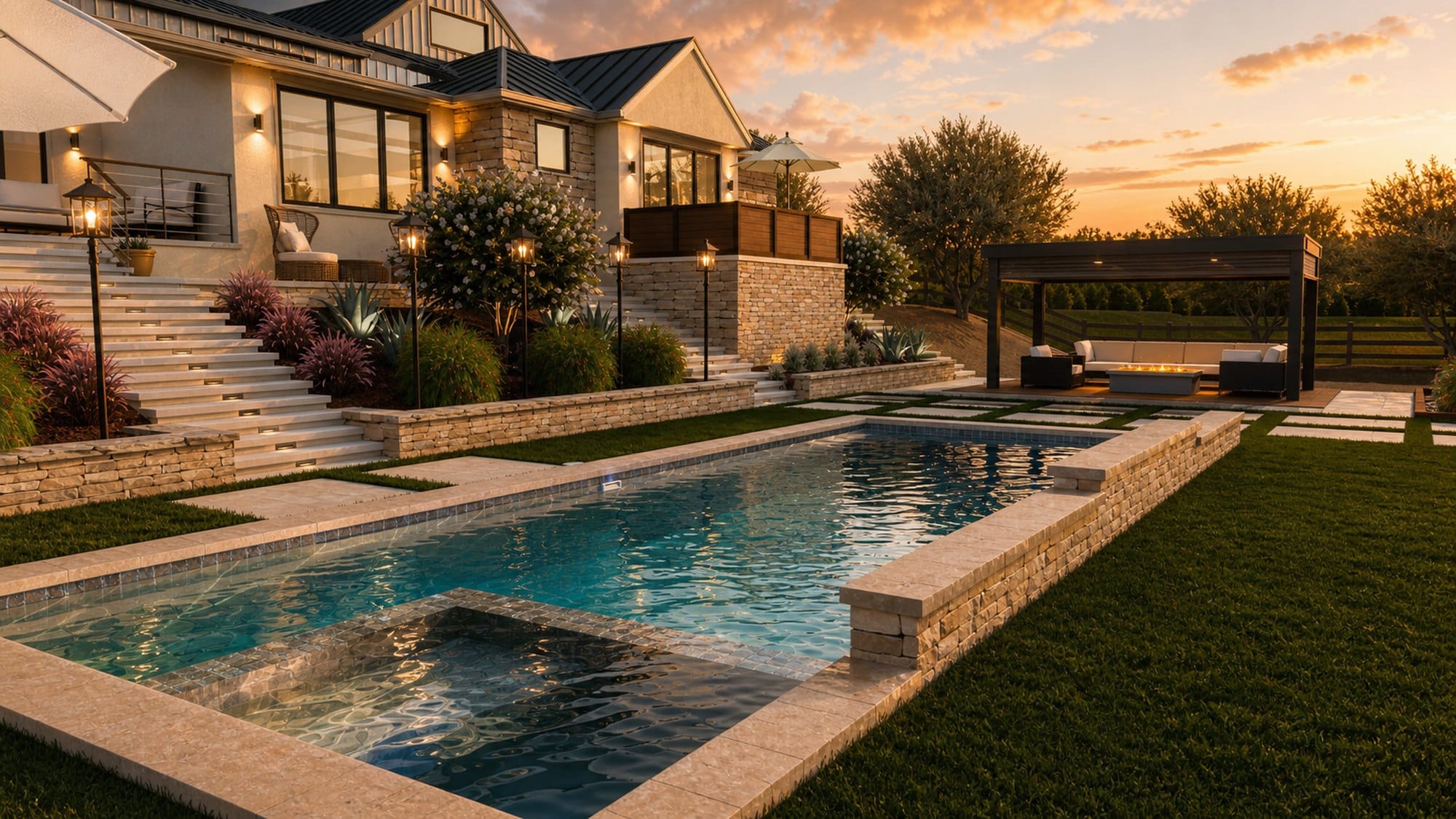 Custom backyard pool and spa at dusk, designed by the DIY Pools & Spas design team
